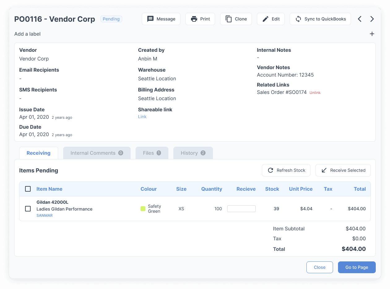 A page showing an order status with details