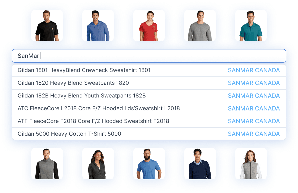 Screenshot of the application displaying a search bar with the query 'SanMar'.