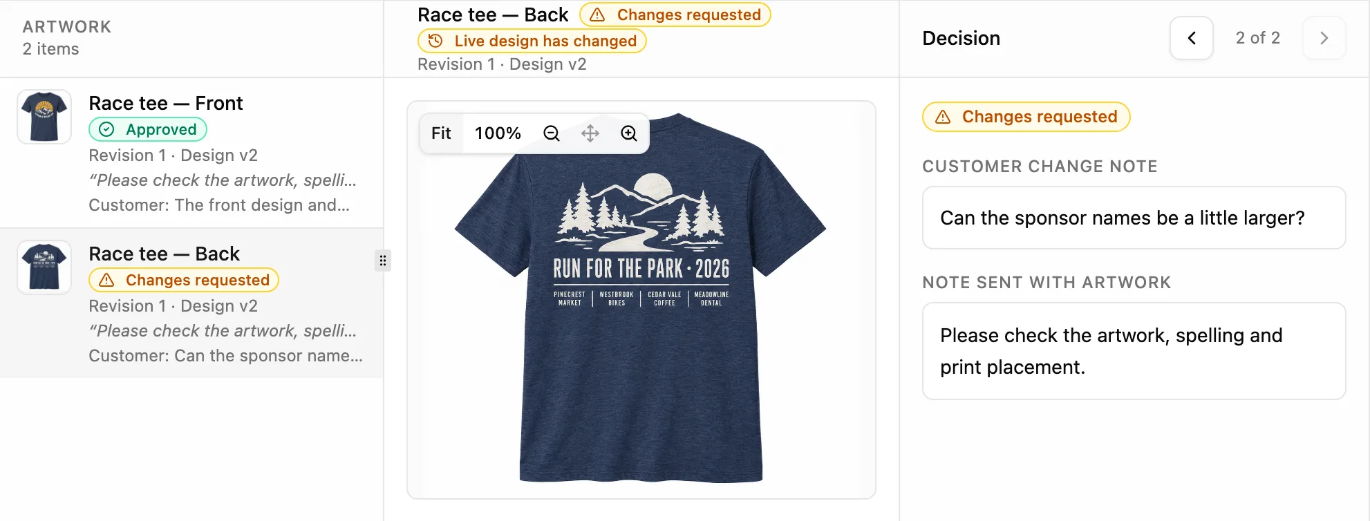 The shop's view of the race tee artwork approval: the front proof approved, the back sent back with the customer's note asking for larger sponsor names