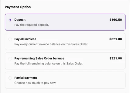 Customer Portal payment choices with the $160.50 deposit selected and the other balance and partial payment options available.