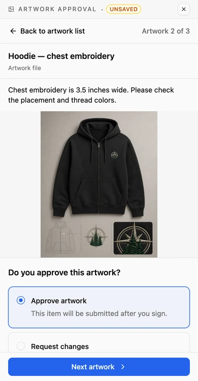 The customer portal on a phone, asking the customer to approve the order's artwork
