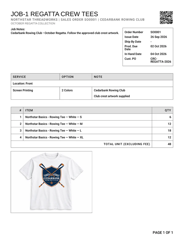A printed YoPrint job sheet for a regatta crew tee order, with its QR code, service table and item quantities