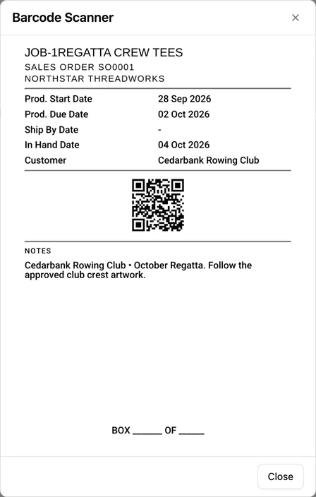 YoPrint Barcode Scanner dialog showing a job sheet for a regatta crew tee order with its QR code