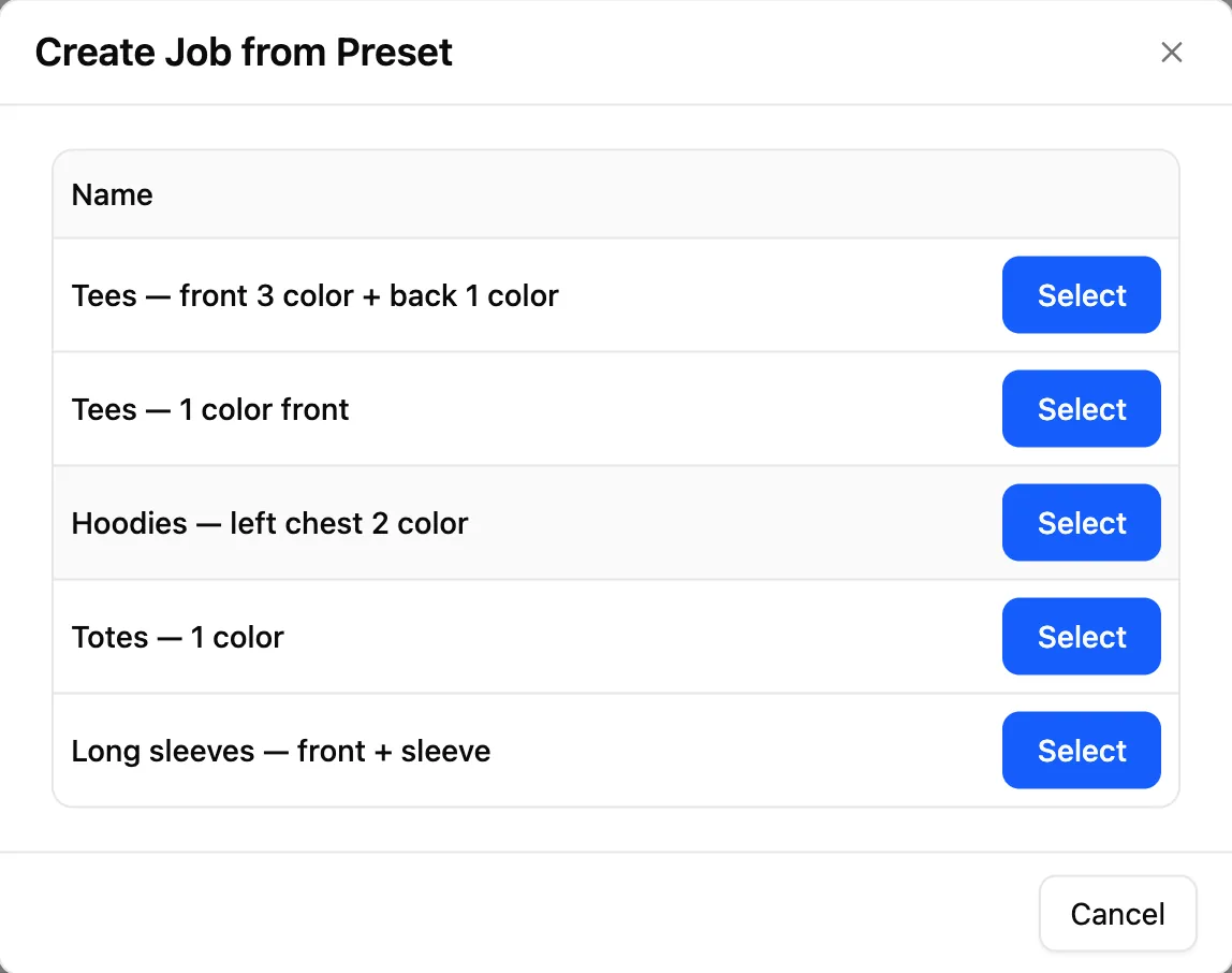 Create Job from Preset, listing the shop's saved screen printing job templates
