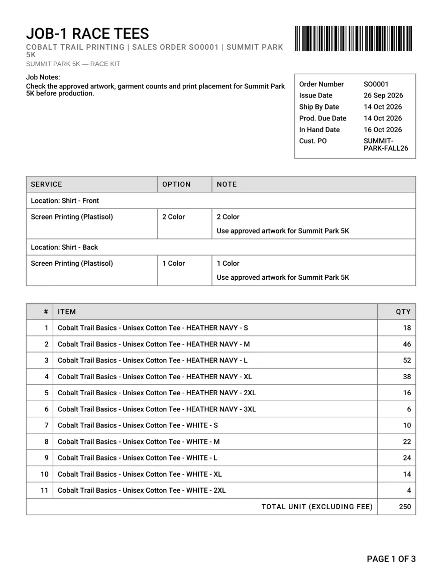 The printed work order for the race tee job, with its barcode, services by location and garment counts