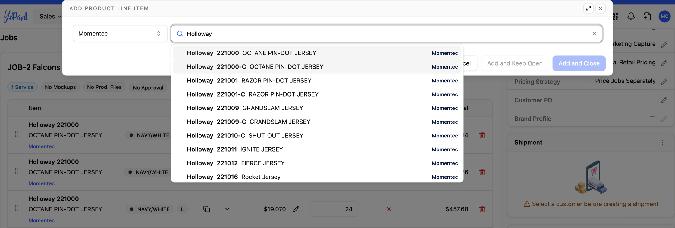 Holloway teamwear search results in YoPrint with the Momentec supplier selected.