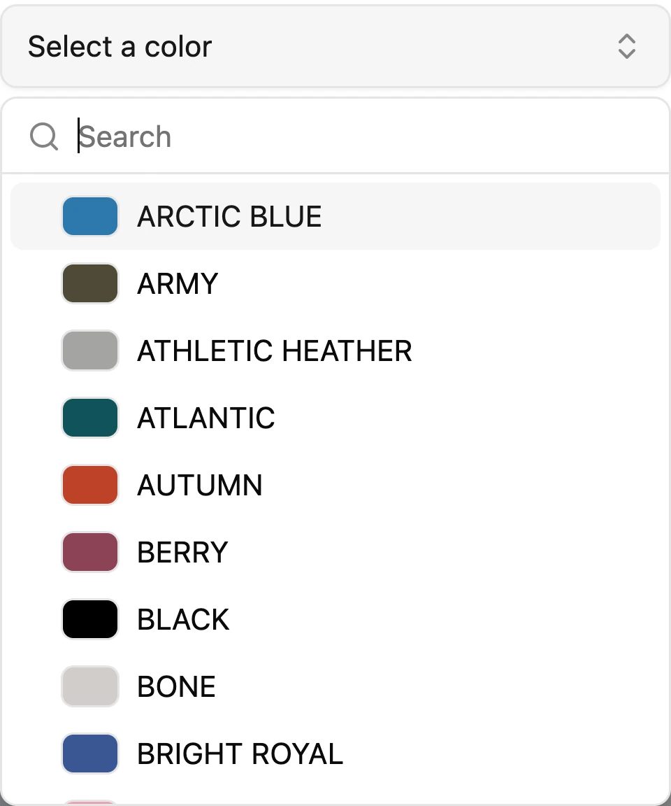 The color list open in YoPrint's catalog product form, showing AS Colour colors by name with their swatches.