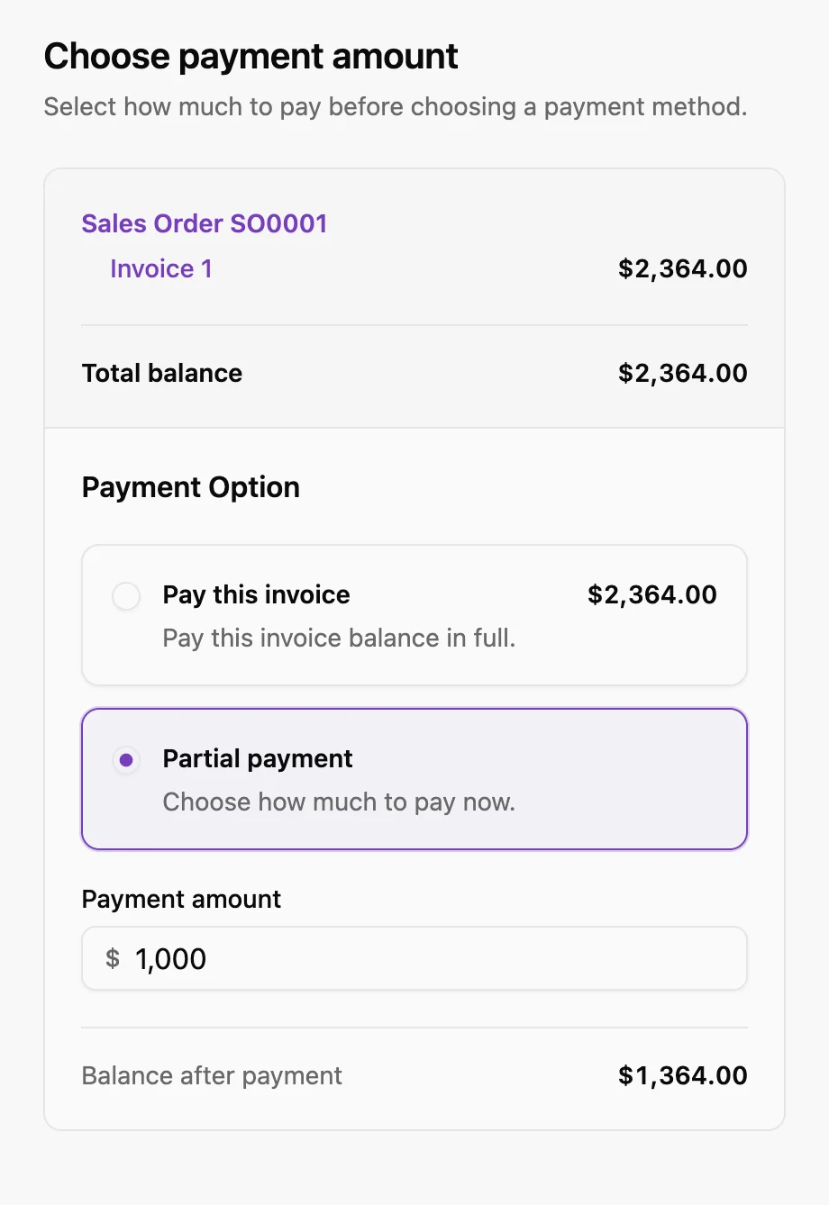 Customer Portal payment amount: a $2,364 invoice balance, a $1,000 partial payment selected, and $1,364 remaining after payment.