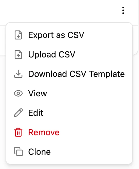 Screen Printing’s row menu in YoPrint’s services list, open: Export as CSV, Upload CSV and Download CSV Template, then View, Edit, Remove and Clone.