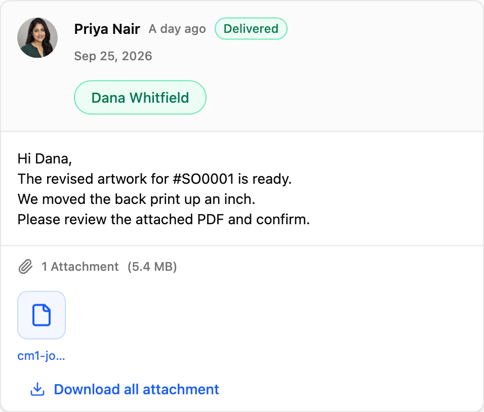 Sep 25, 2026, Delivered: Priya Nair to Dana Whitfield, the revised artwork for #SO0001 is ready with the back print moved up an inch, and the PDF attached for review.