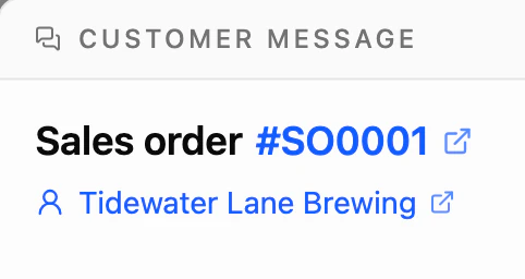 Customer Message on sales order #SO0001 for Tidewater Lane Brewing.