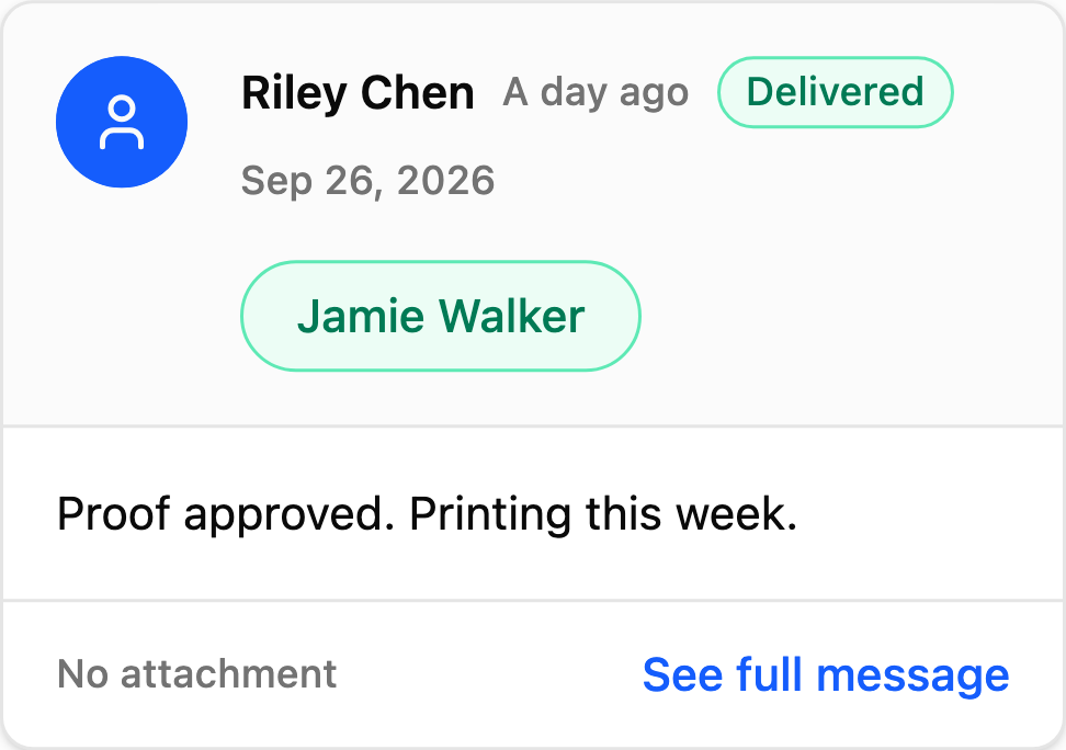 Text to the customer on Sep 26, 2026, marked Delivered: Proof approved. Printing this week.