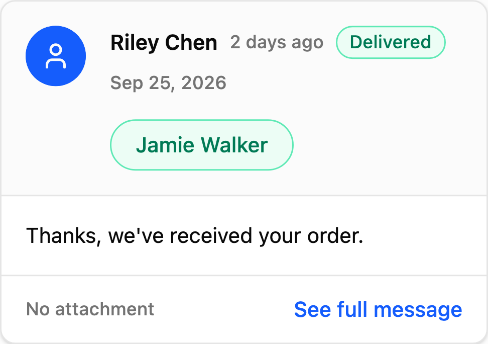 Text to the customer from the sales order on Sep 25, 2026, marked Delivered: Thanks, we've received your order.