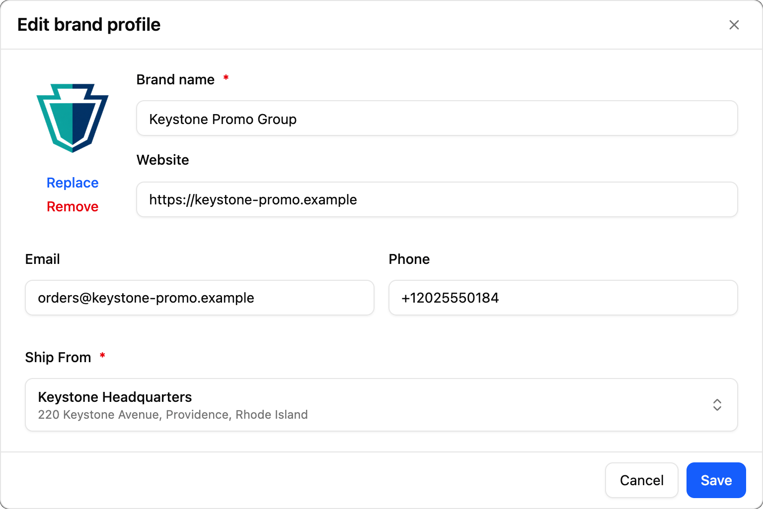 The client’s brand profile: their logo, contact details and ship-from address