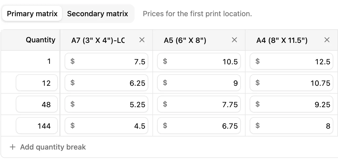 The shop's Direct To Garment (Dark Garment) service: per-item prices by quantity break for its A7, A5 and A4 print sizes.