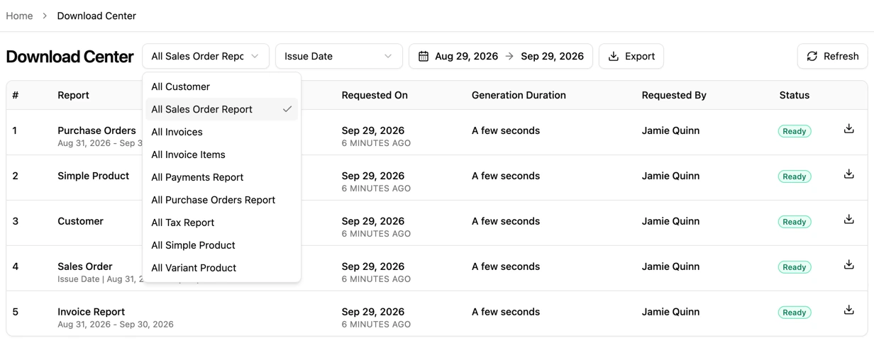 YoPrint's Download Center: export files ready to download, with the report type list open
