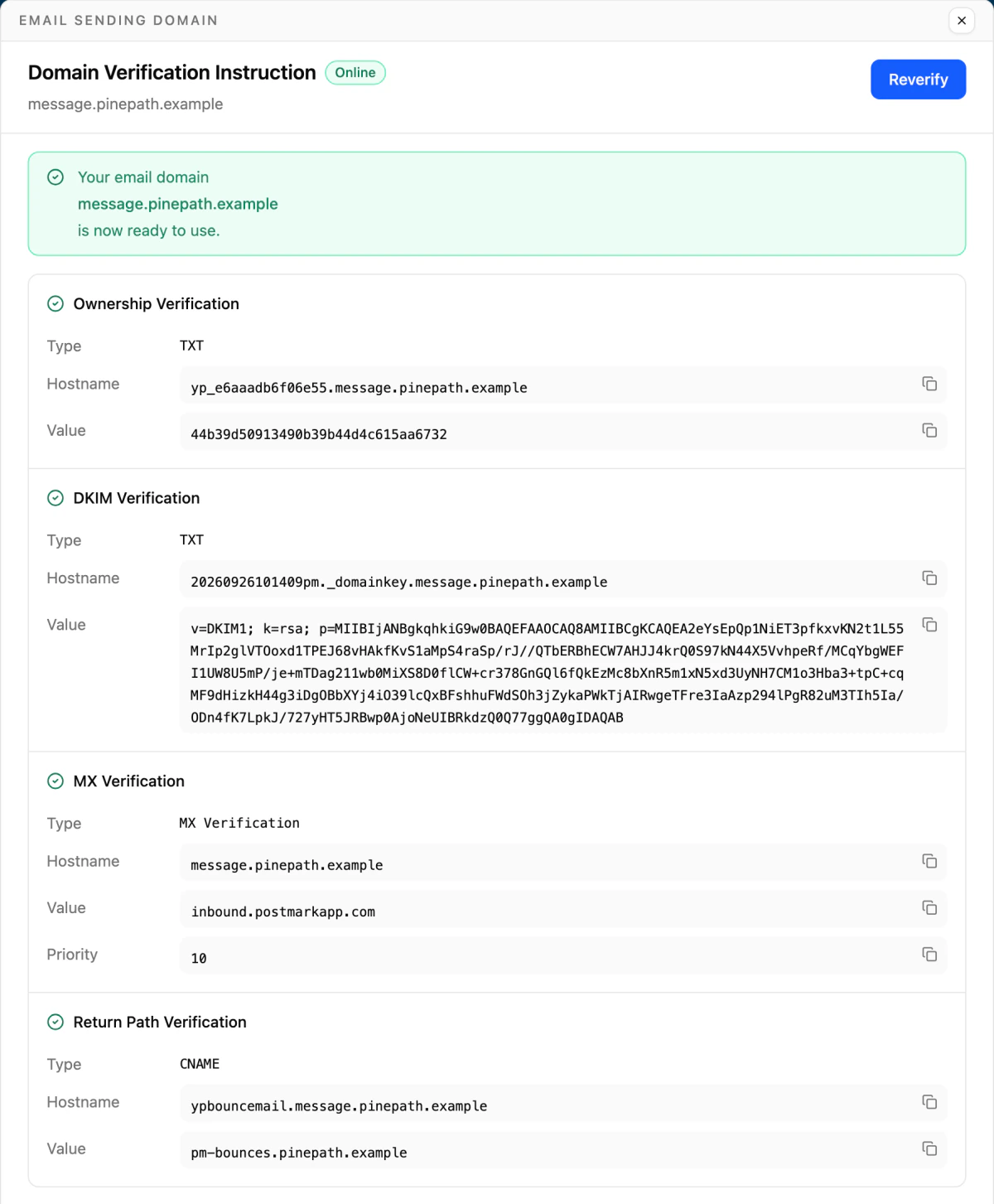 YoPrint Domain Verification Instruction for message.pinepath.example, marked Online: ownership, DKIM, MX and return-path records, each verified.