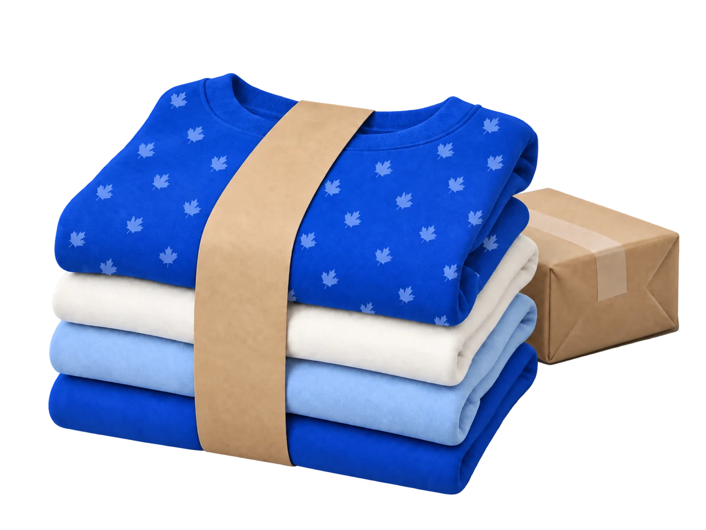 A finished stack of printed garments, banded and ready to go out with a parcel.
