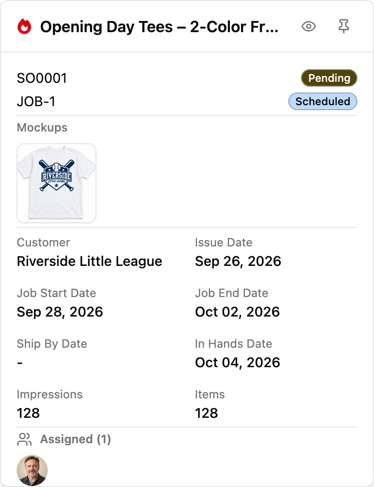 The card that opens when you click JOB-1's bar: Opening Day Tees for Riverside Little League, the order Pending and the job Scheduled, its mockup tee, customer, issue, start, end and in-hands dates, 128 impressions and 128 items, and the person assigned.