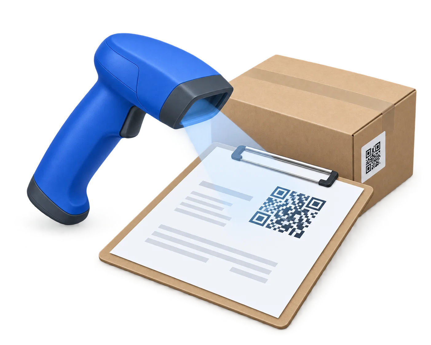 A handheld scanner reading the code on a printed job sheet, with a labelled carton behind it