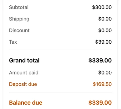 Customer Portal invoice totals: $300.00 subtotal, $39.00 tax, $339.00 grand total, $169.50 deposit due and $339.00 balance due.
