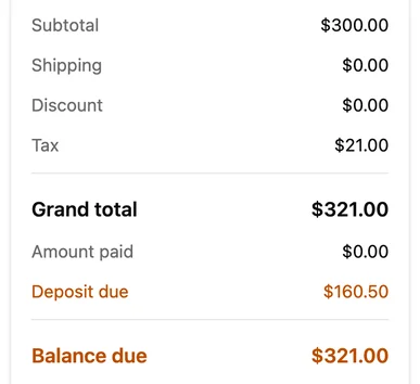 Customer Portal invoice totals: $300.00 subtotal, $21.00 tax, $321.00 grand total, $160.50 deposit due and $321.00 balance due.