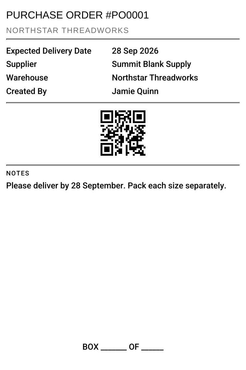 A printed 4 by 6 inch purchase order label with its code