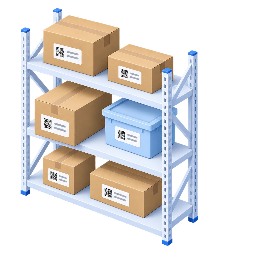 A shelf of cartons and a storage bin, each with a printed label