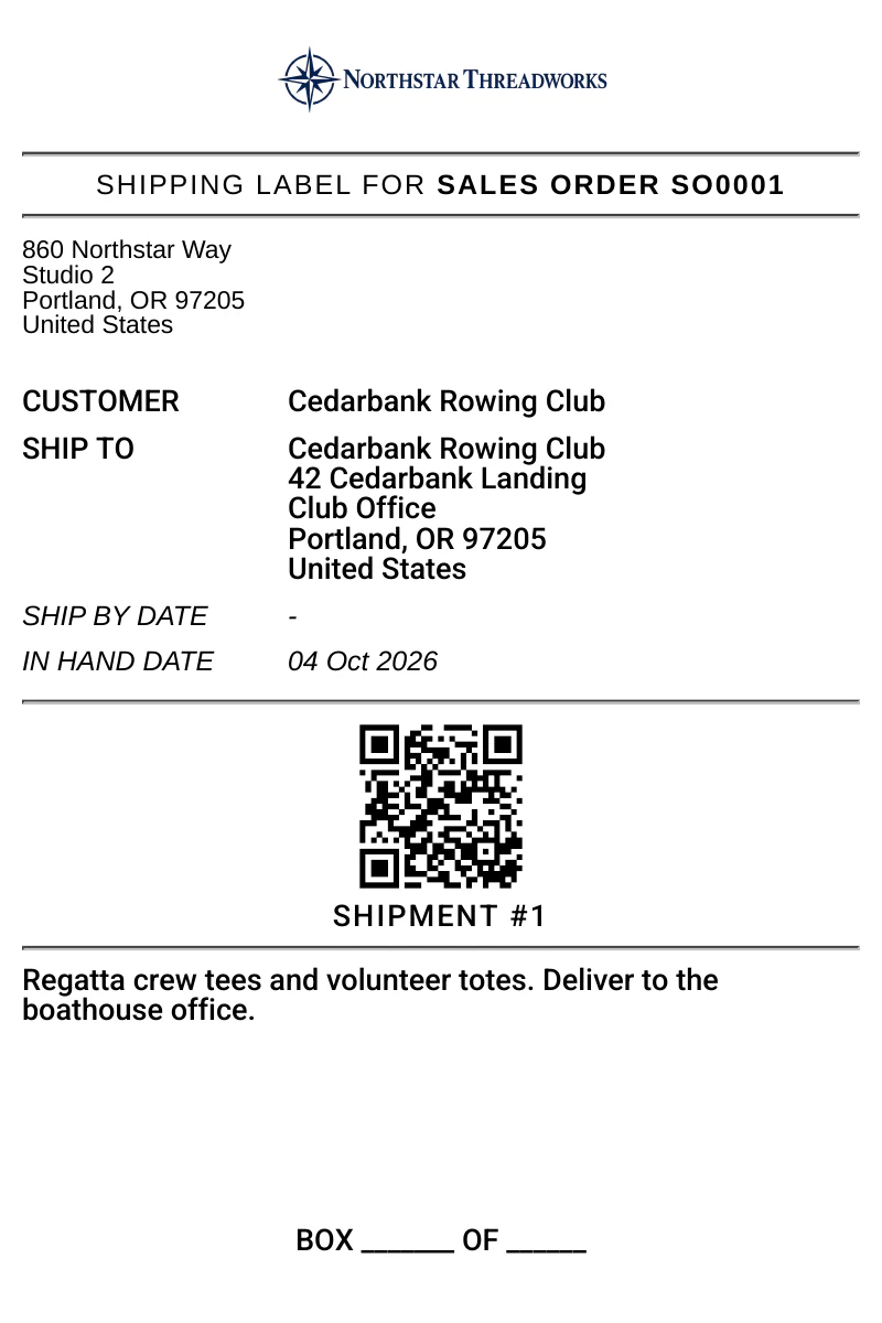 A printed 4 by 6 inch shipping label with its code