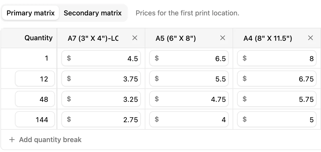 The shop's Direct To Garment (Light Garment) service: per-item prices by quantity break for its A7, A5 and A4 print sizes.
