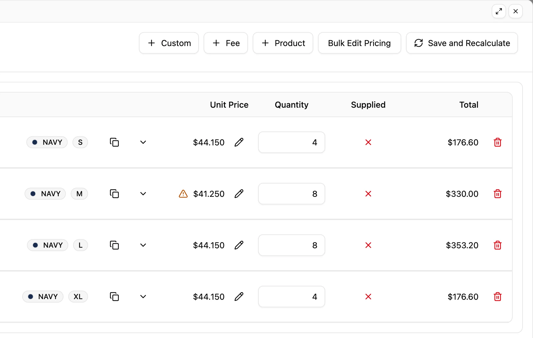 One job’s price lines in YoPrint’s Live Edit: navy polos in S, M, L and XL. S, L and XL are at $44.150 each; the M line is priced by hand at $41.250 and flagged, with Bulk Edit Pricing in the toolbar above.
