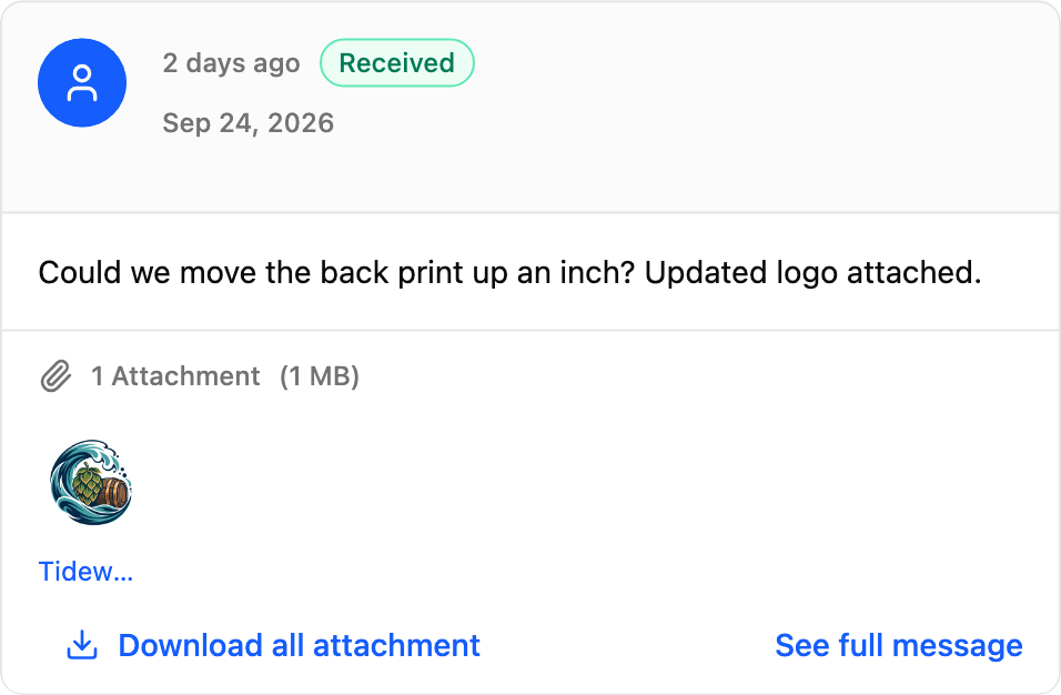 The customer asking to move the back print up an inch, with an updated logo attached