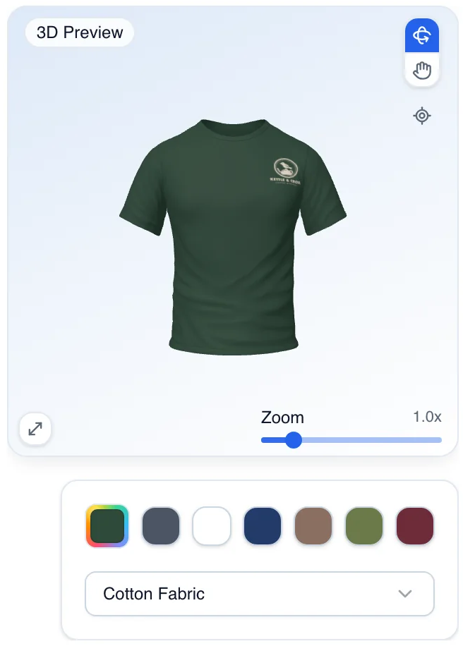 The 3D Preview of a green T-shirt with a small chest logo, a zoom control, colour swatches and Cotton Fabric selected
