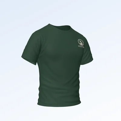 A 3D proof of a green staff T-shirt with a small chest logo