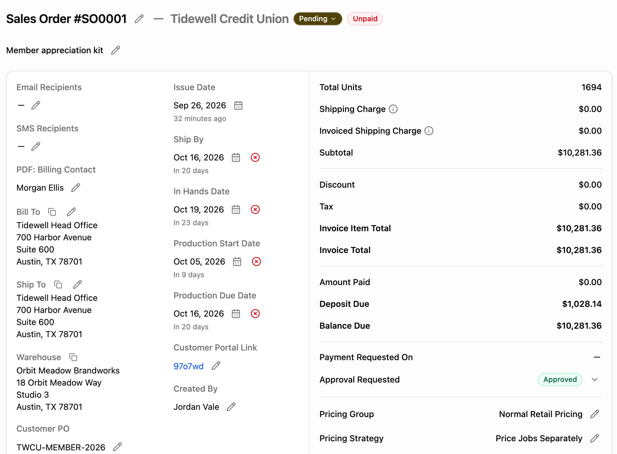 The client's kit order in YoPrint: Sales Order SO0001 for Tidewell Credit Union, a member appreciation kit of 1,694 units, $10,281.36, approval approved.
