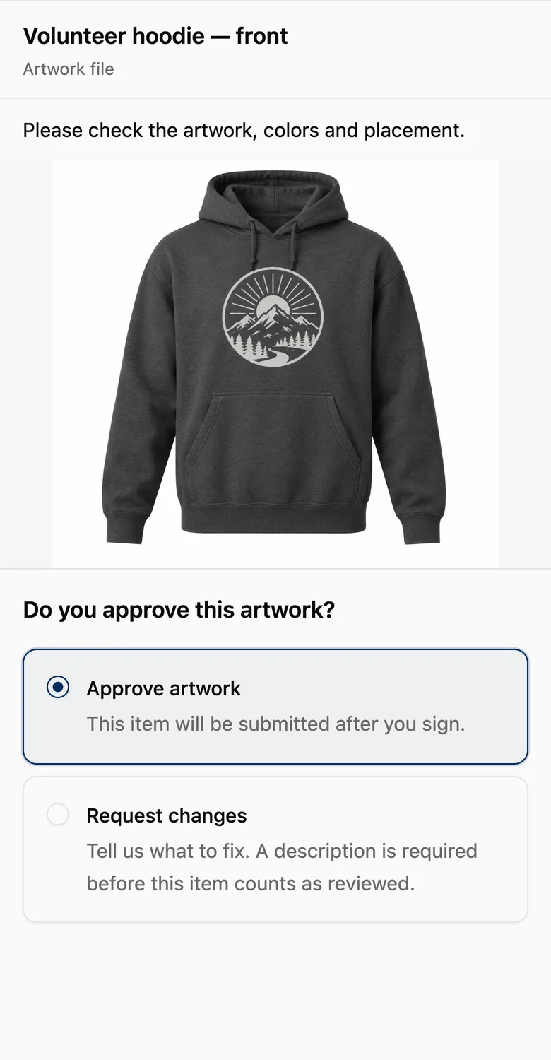 A volunteer hoodie proof in the Customer Portal on a phone, with Approve artwork selected and Request changes available.