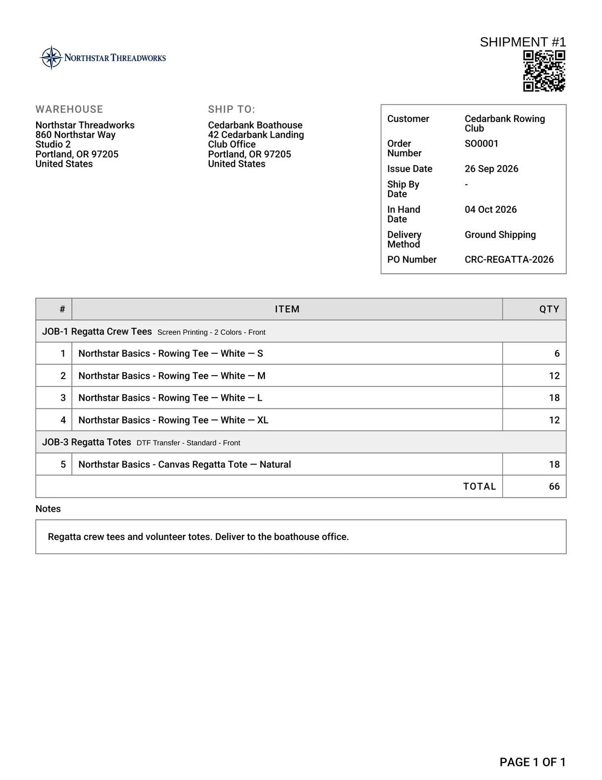 A printed packing slip with its code in the header