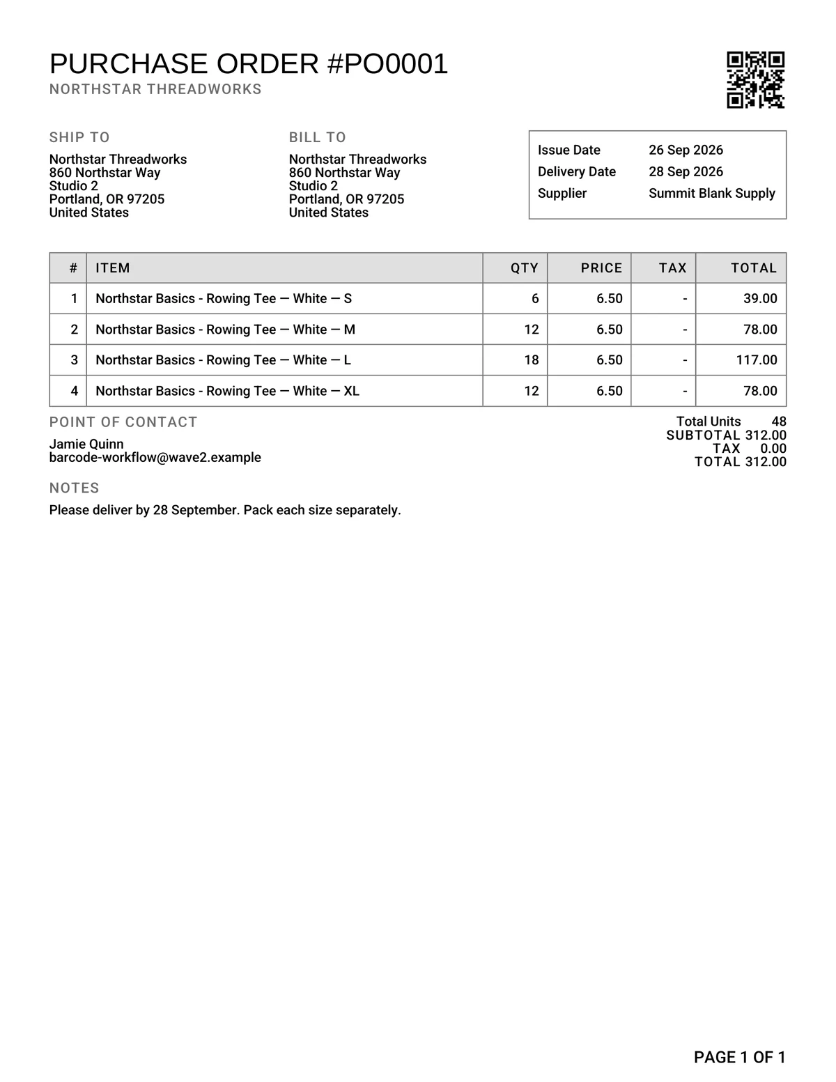 A printed purchase order with its code in the header
