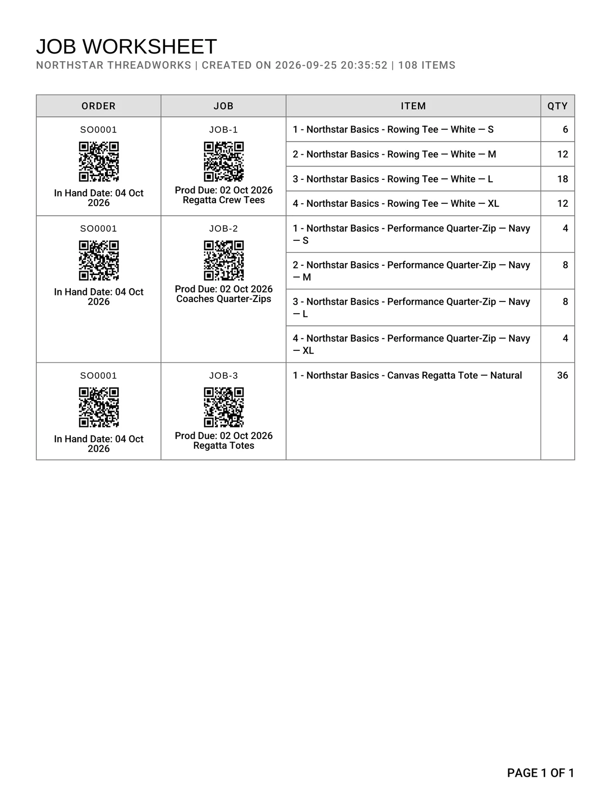 The printed job worksheet with an order code and a job code on every line