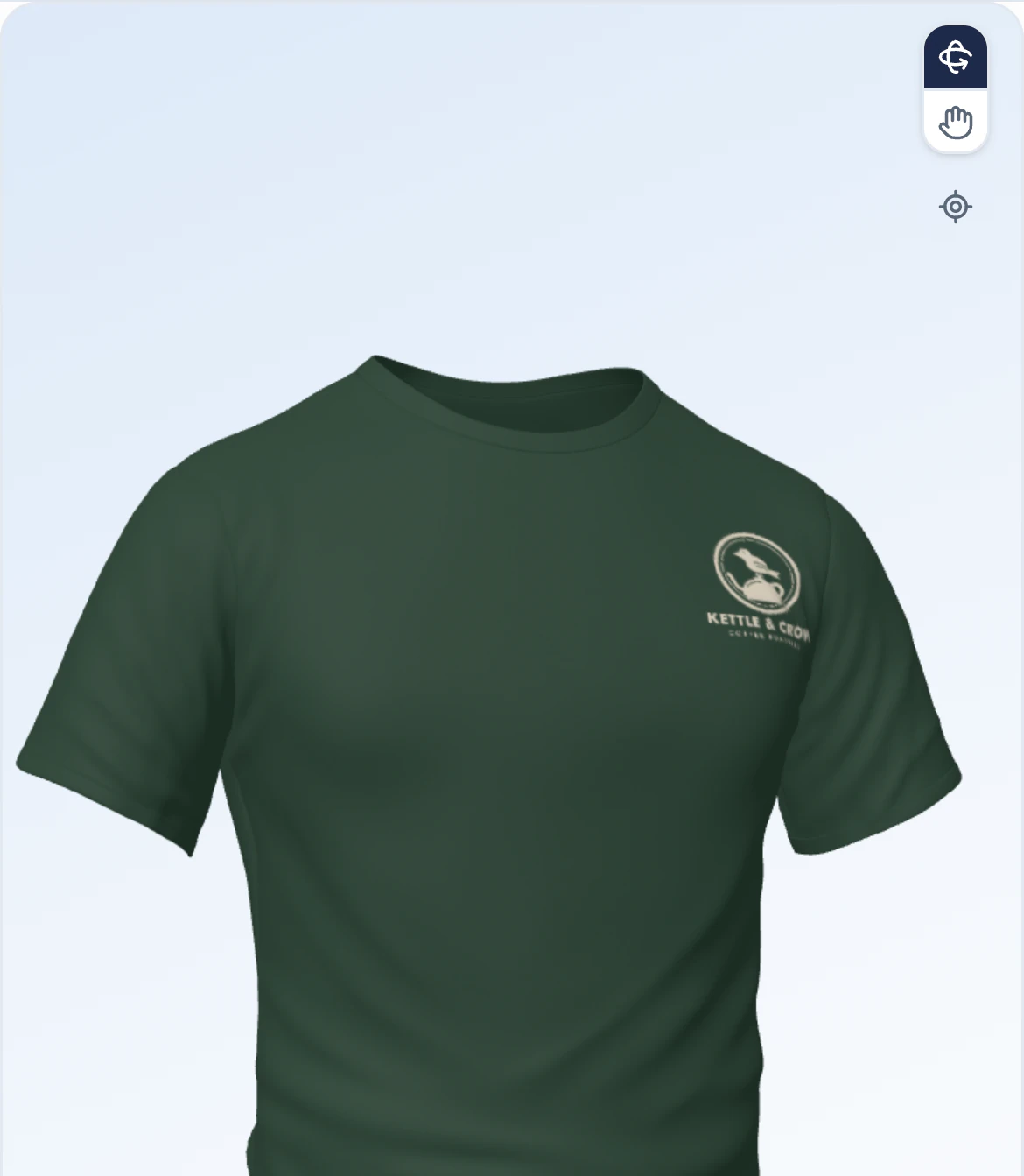 A tee proof in the portal's 3D preview on a phone, ready to turn.