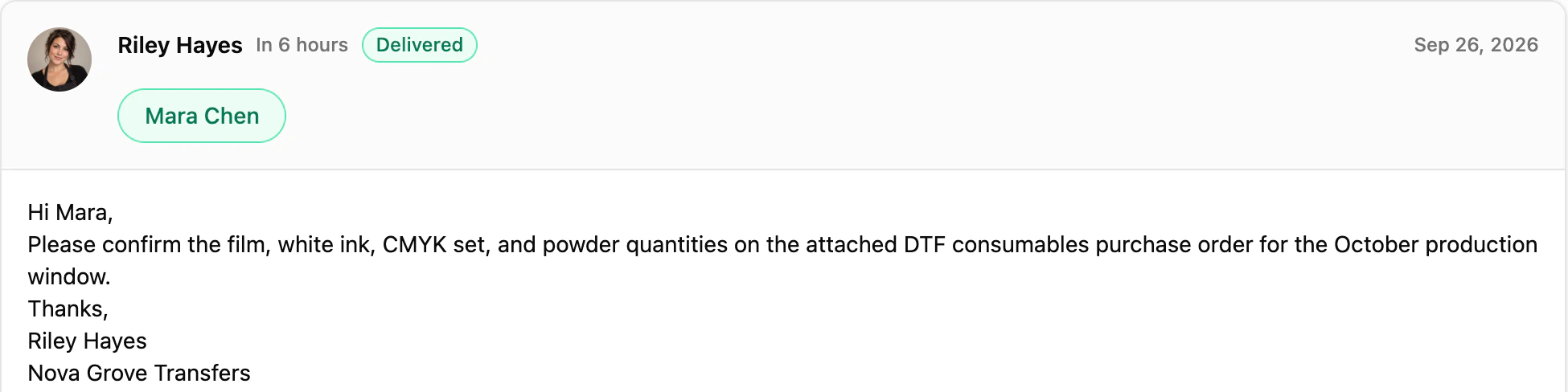 The purchase order's email to the vendor, asking to confirm the film, ink and powder quantities.