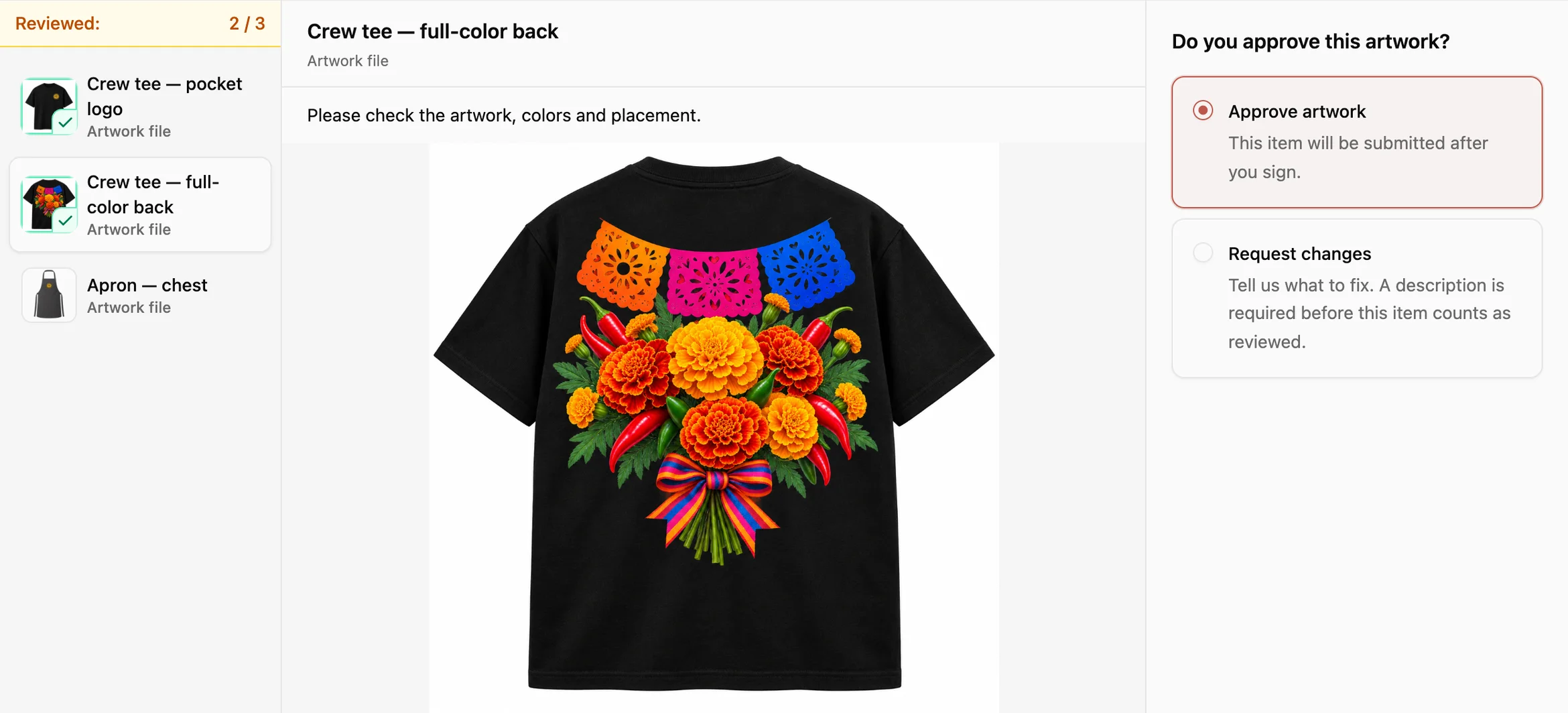 Customer Portal artwork review for a full-color tee back print, with two of three artworks reviewed and Approve artwork selected.