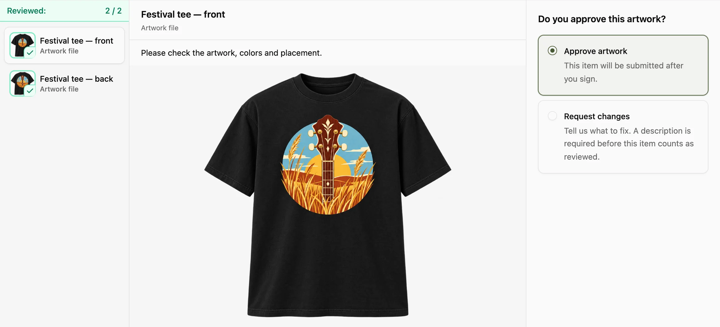 Customer Portal artwork review for a black printed tee, with Approve artwork selected and Request changes available.