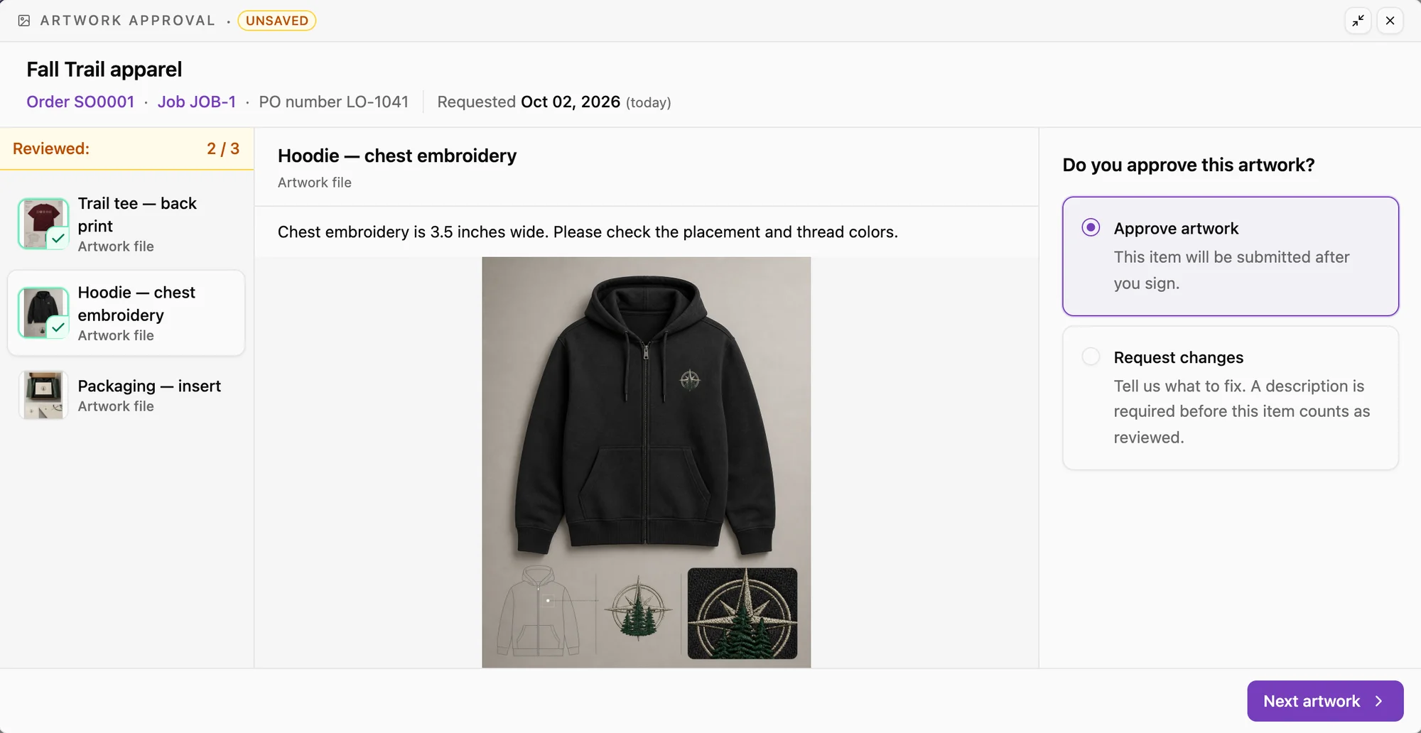 Artwork review for Fall Trail apparel: a hoodie chest embroidery proof, two of three artworks reviewed, and Approve artwork selected.