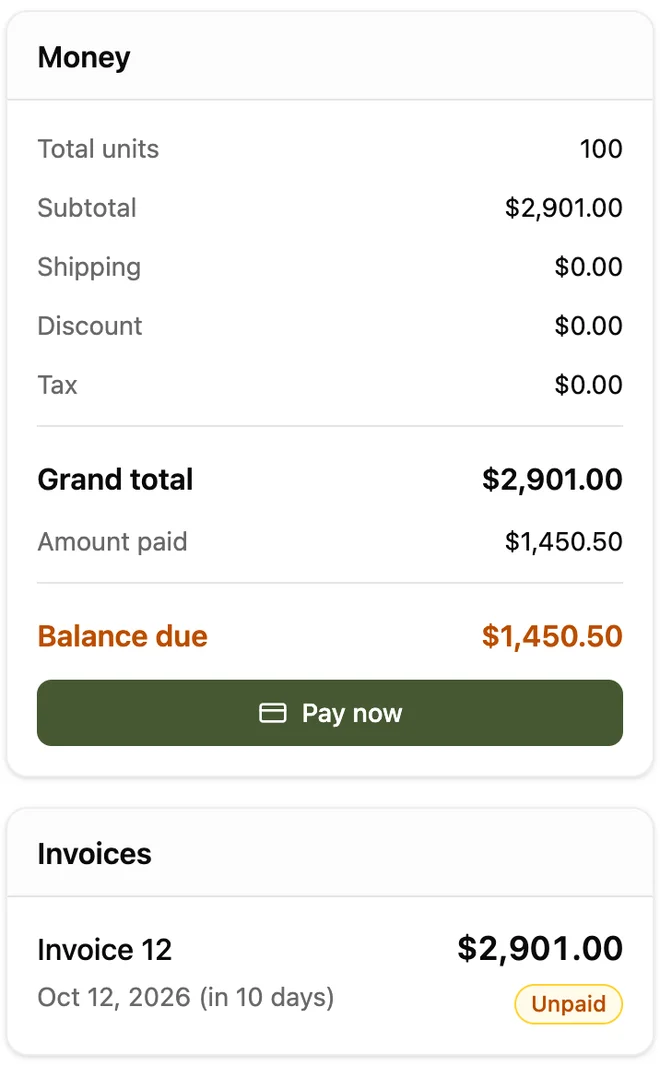 Customer Portal order totals: $2,901.00 grand total, $1,450.50 paid and $1,450.50 balance due, with the linked invoice.