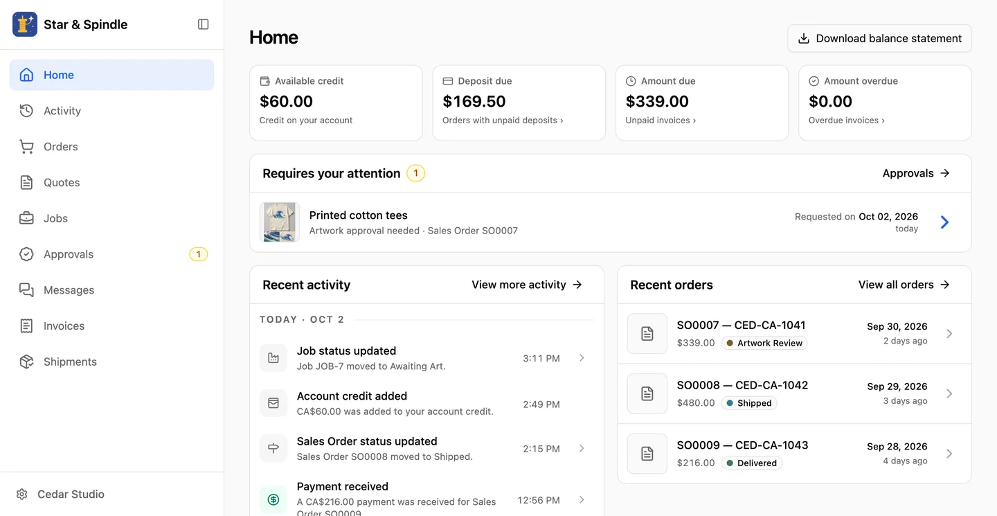 Customer Portal home with account balances, approvals waiting and recent orders.
