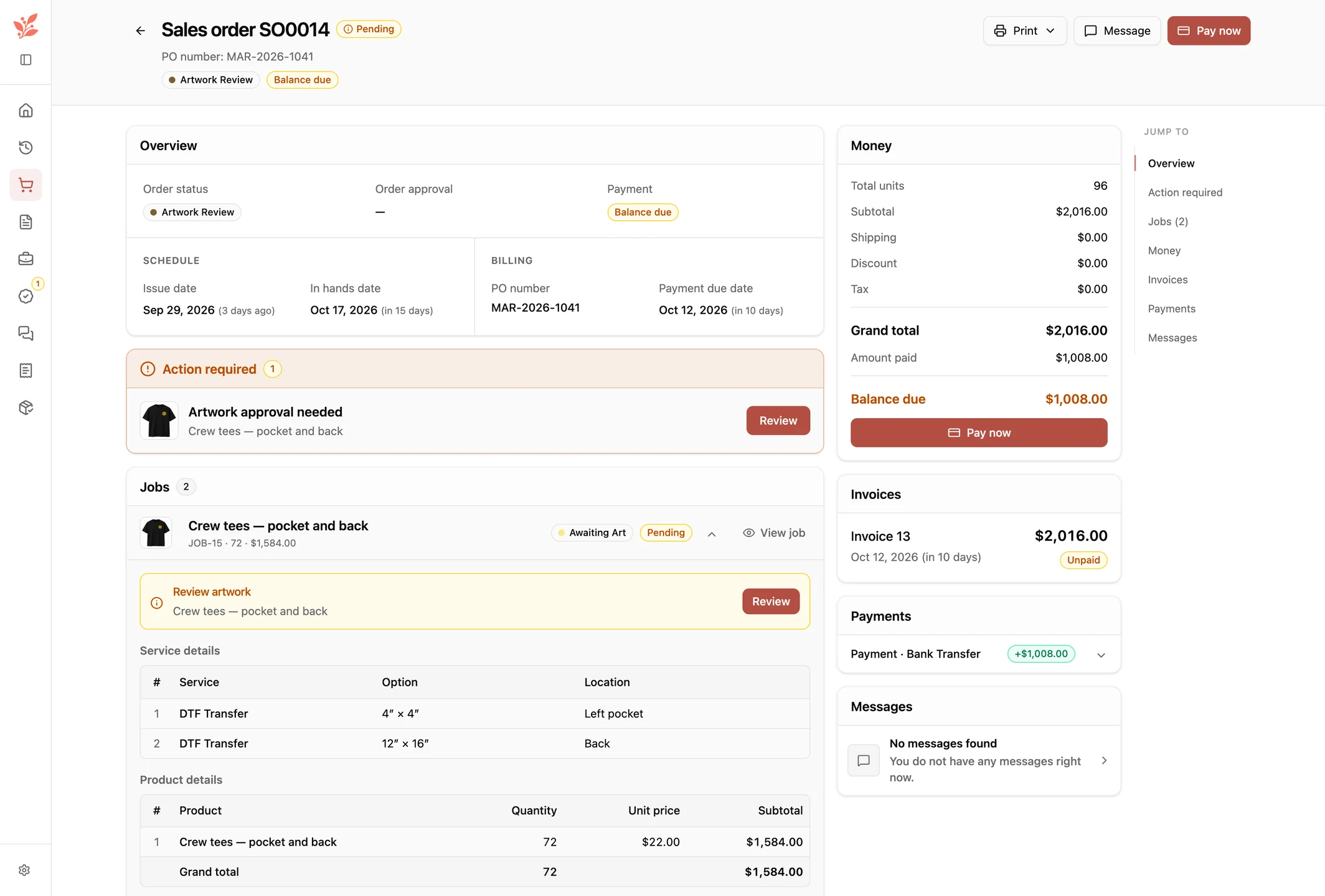 A Customer Portal order with its status, schedule, DTF service details and product details.
