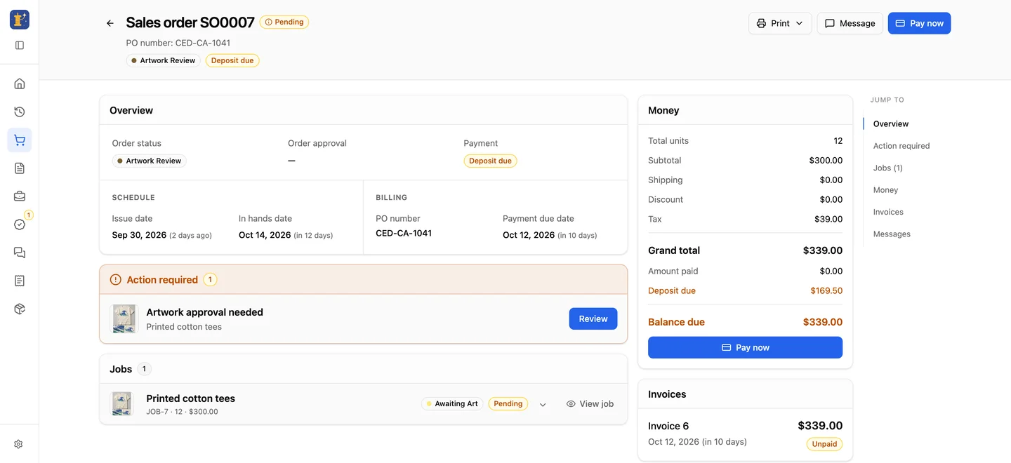 Customer Portal order SO0007 with its status, printed cotton tees job, balance due and unpaid invoice.