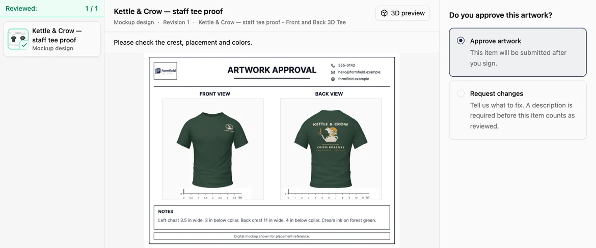 Customer Portal artwork review for the Kettle & Crow staff tee: the front-and-back proof, 3D preview button and Approve artwork selected.