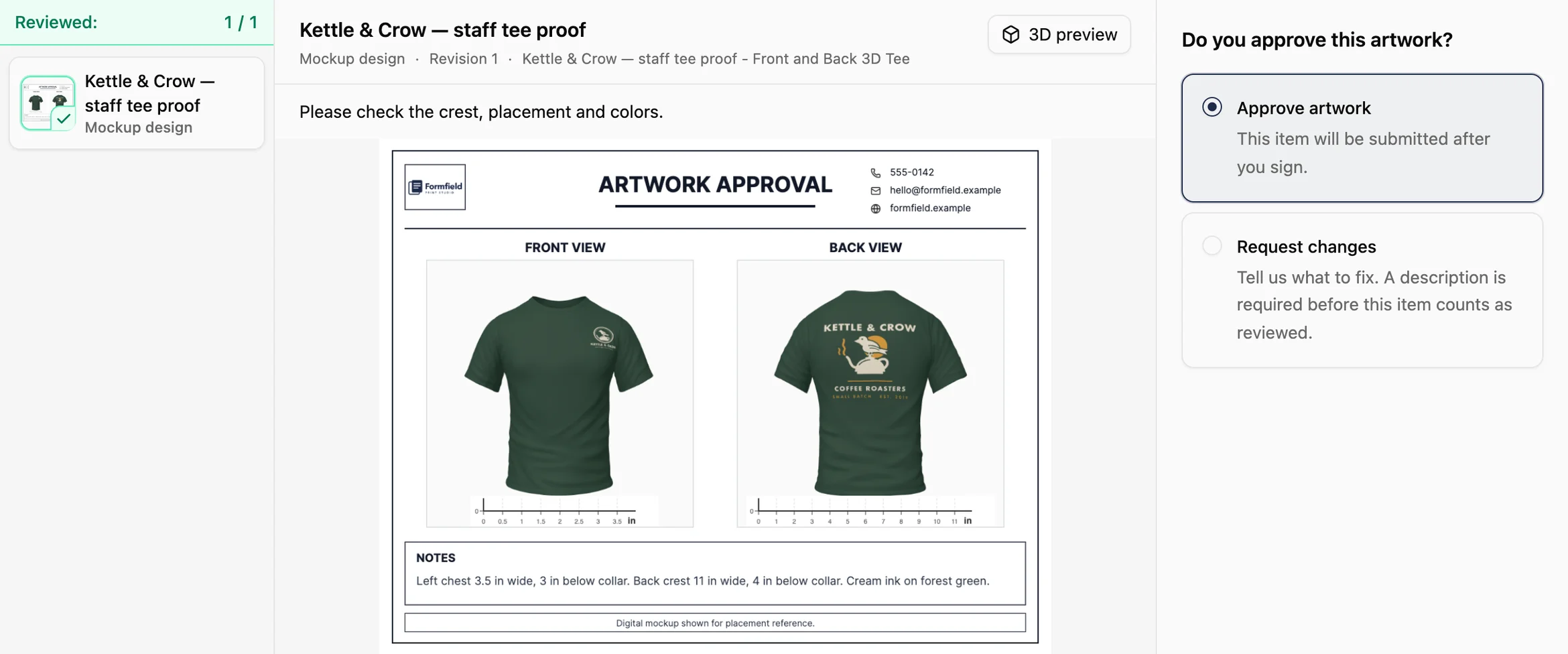 Customer Portal artwork review for the Kettle & Crow staff tee: the front-and-back proof, 3D preview button and Approve artwork selected.